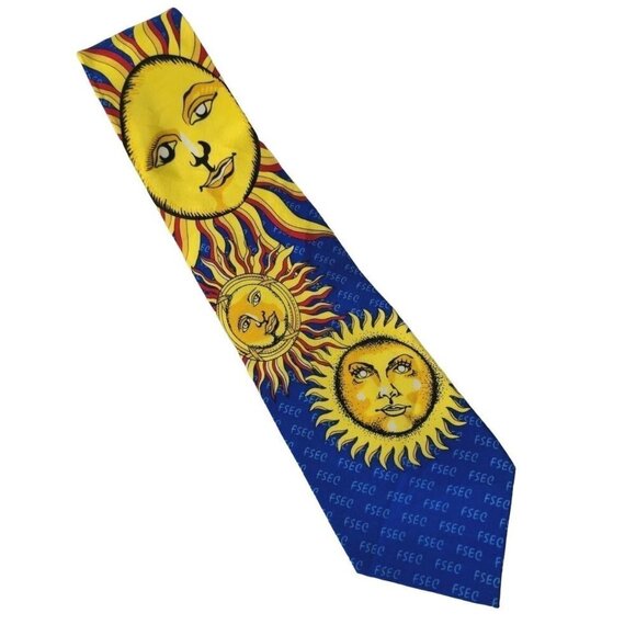 Sunshine Sun Face Blue Yellow Silk Novelty Necktie - Picture 1 of 8
